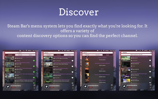 รูปประกอบซอฟต์แวร์Stream Bar โปรแกรม Stream Bar ดูวีดีโอ ไลฟ์ Twitch ผ่านเมนูบาร์ บน Mac)