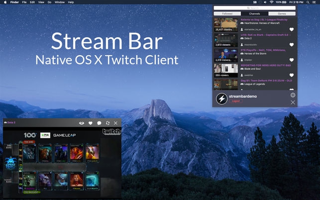 รูปประกอบซอฟต์แวร์Stream Bar โปรแกรม Stream Bar ดูวีดีโอ ไลฟ์ Twitch ผ่านเมนูบาร์ บน Mac)